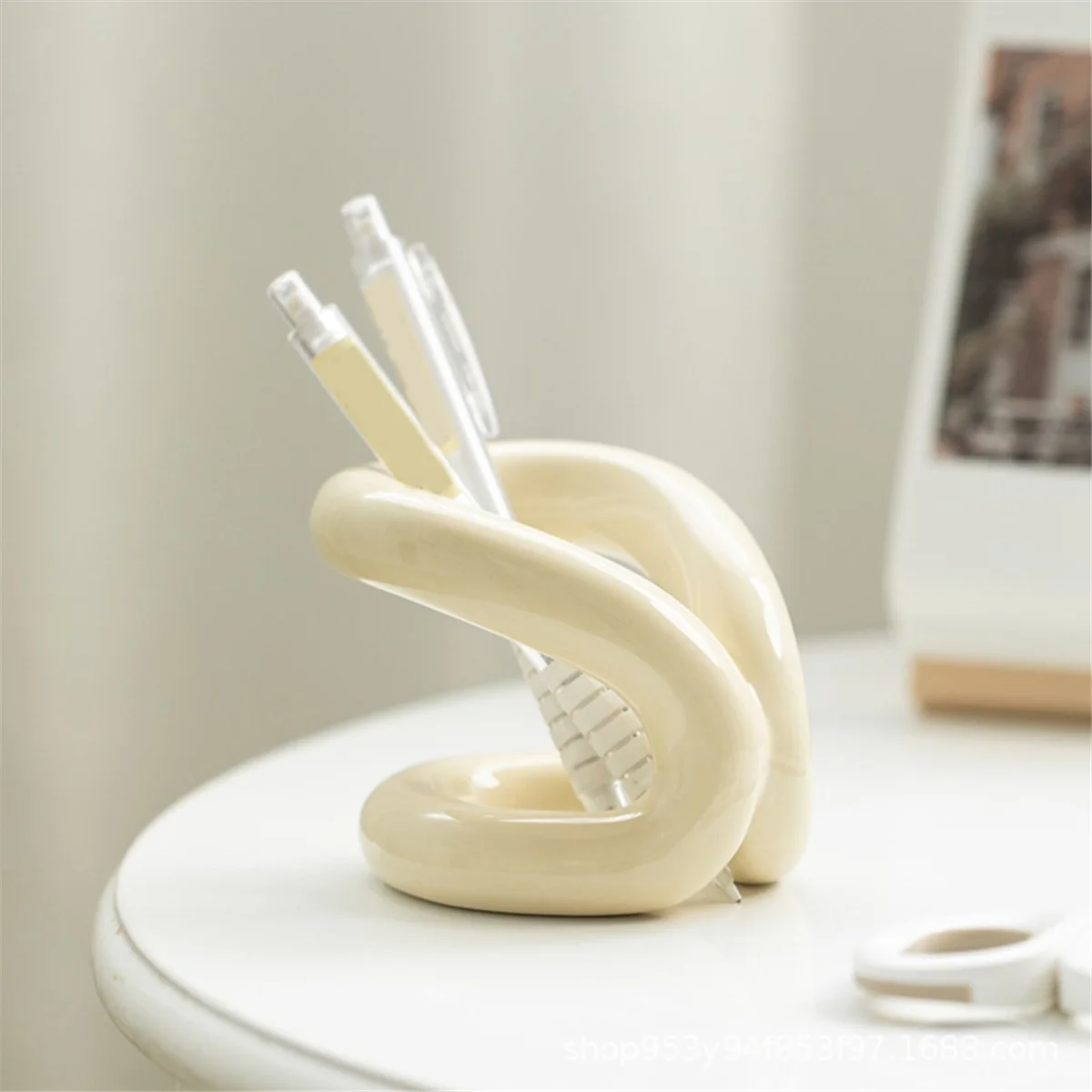 M04K セラミックペンホルダー ミニマリストデザイン ロープノット歯ブラシホルダー ブラシスタンド バスルームの化粧台とカウンタートップ用 装飾-B