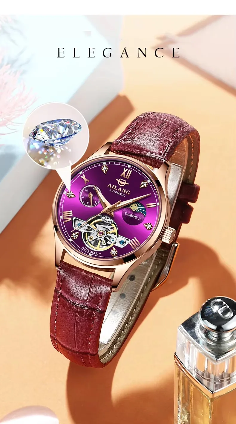 Ms. Ailang brand fashion high-end automatic mechanical watch waterproof hollow moon tourbillon view 5