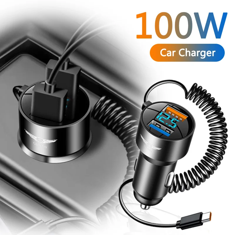 100W Car Charger With Type C Cable USB 12V Super Fast Charging Vehicle Adapter 2 In 1 for Genesis G80 GV70 GV80 GV60 G70 GV90