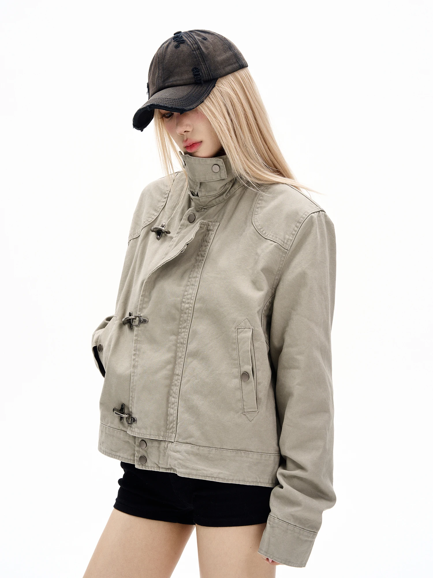 

American Retro Cleanfit Faded Metal Stand Collar Jaet Women's Winter Thiened High-End Warmth Outerwear ort Sle