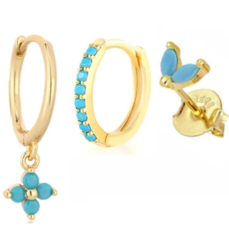 3PCS Colorful Cubic Zirconia Stainless Steel Hoop Earrings Set for Women Pendant Water Drop Earring Cartilage Piercing Jewelry