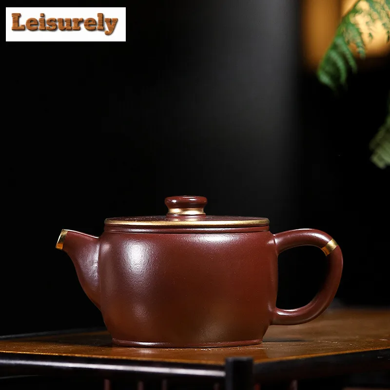 180ml Yixing Purple Clay Teapots Handmade Gold Tracing Large Caliber Pot Raw Ore Purple Zhu Mud Kettle With Filter Zisha Tea Set