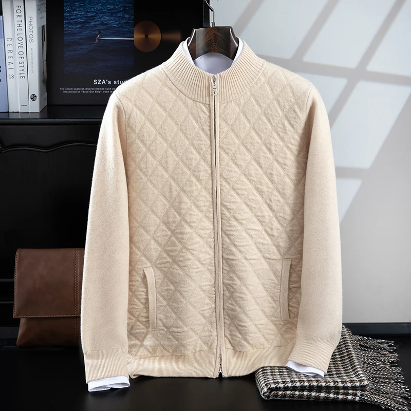 New Autumn And Winter Products：Men's 100% Merino Wool Knitted Thick Cardigan High Collar Zipper Warm Business Casual Jacket