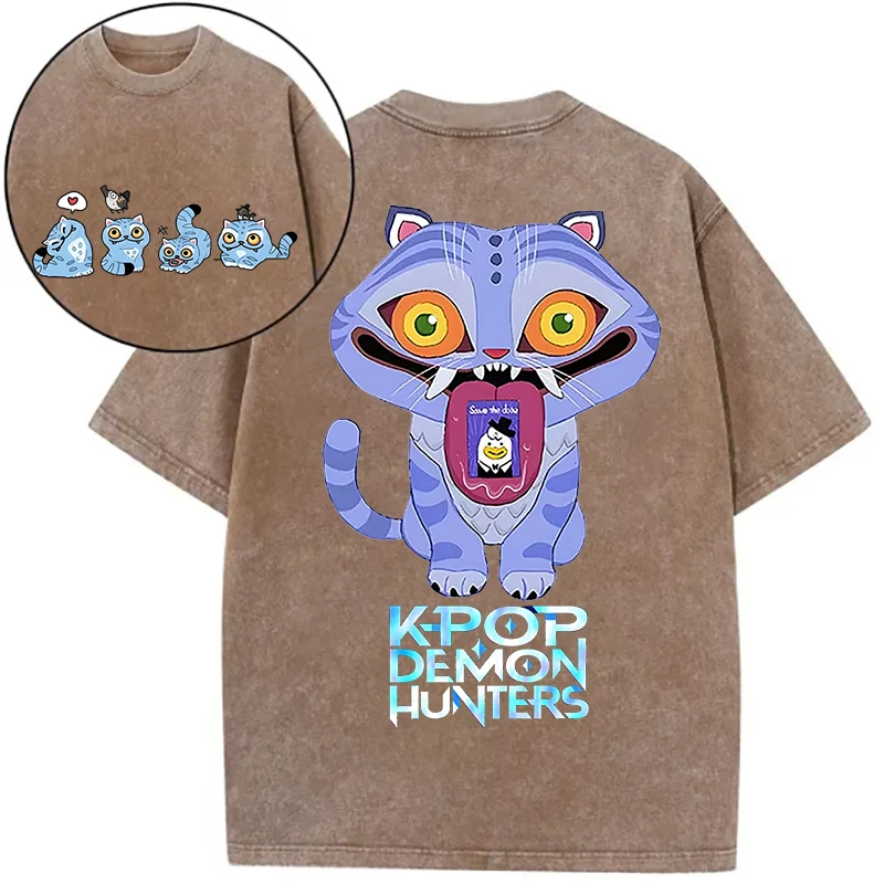 Derpy Tiger Hot Movie Print Shirts for Women Cartoon Anime Washed Cotton Tee K-Pop Demon Hunters Tiger Harajuku T-shirt Tops image 3