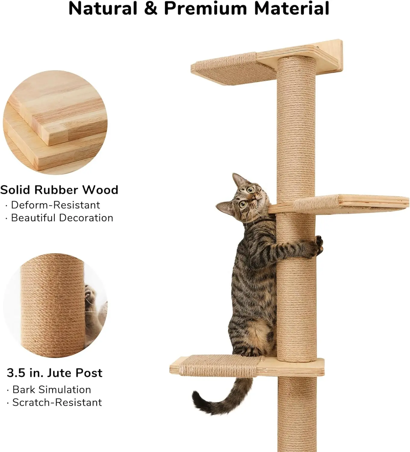 Fukumaru Tall Cat Tree, 5 Tier Floor To Ceiling Cat Tower, Wall-Mounted Cat Scratching Post, Wild Simulation Cat Wall Shelves,