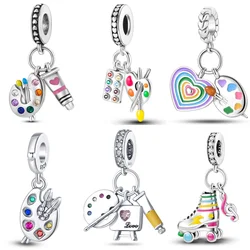 925 Sterling Silver Artist Brush Tools Color Palette Oil Painting Charms Beads Fit Fine Original Bracelets DIY Jewelry Gifts