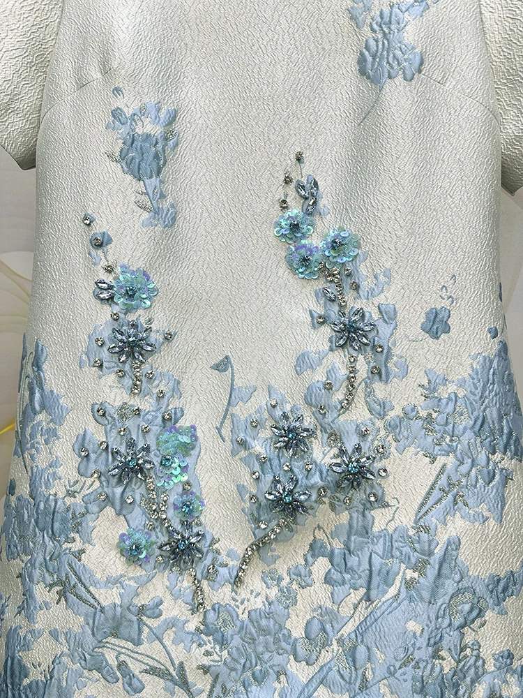 Luxury Heavy Jacquard Fabrics Women Short Sleeve Dress High Quality Sequins Beads Diamonds O-neck Elegant Slim A-line Lady Dress