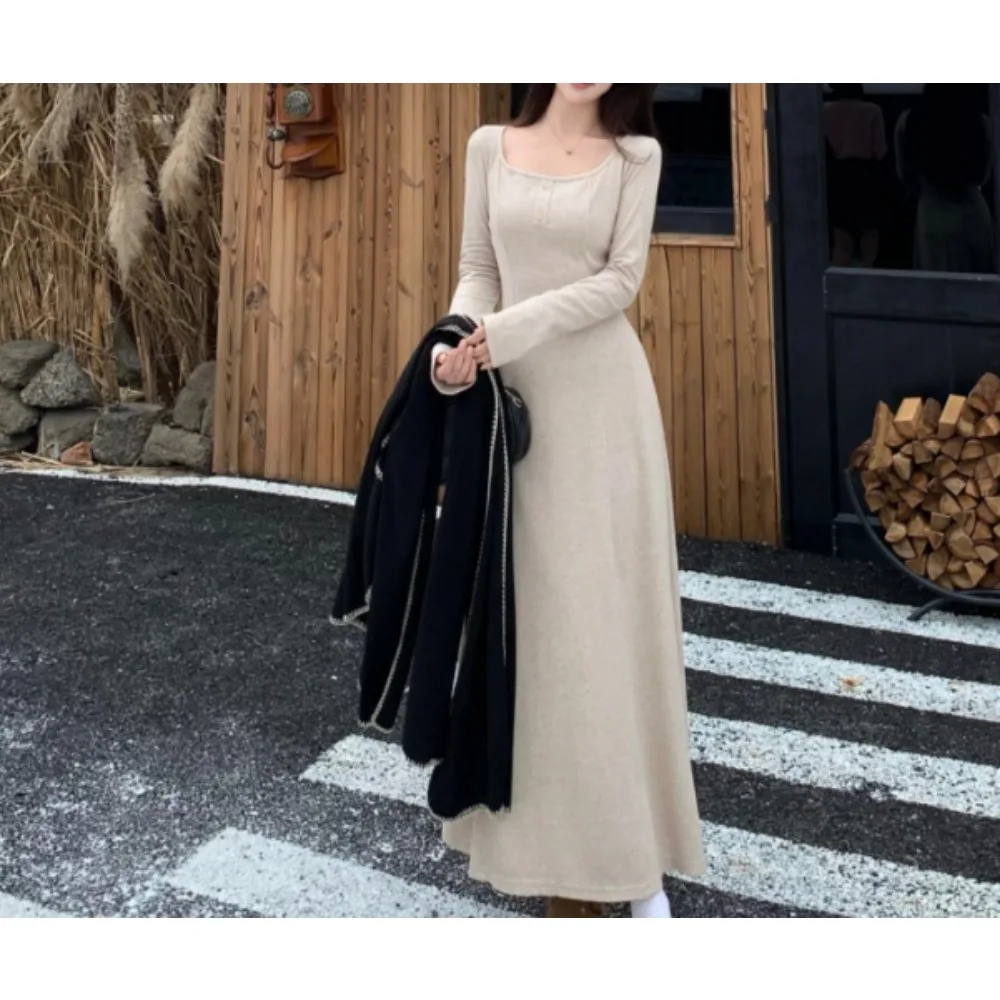 

Повседневные элегантные вязаные винтажные однотонные тонкие осенне-зимние платья Вечерняя уличная одежда больших размеров Комплект из двух предметов