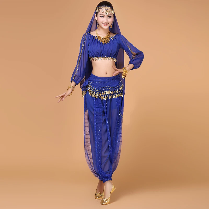 Traje de danza del vientre de gasa india para mujer, conjunto de danza del vientre de tela de 4 piezas M/L, Top, pantalón, cinturón y Diadema, 8 colores