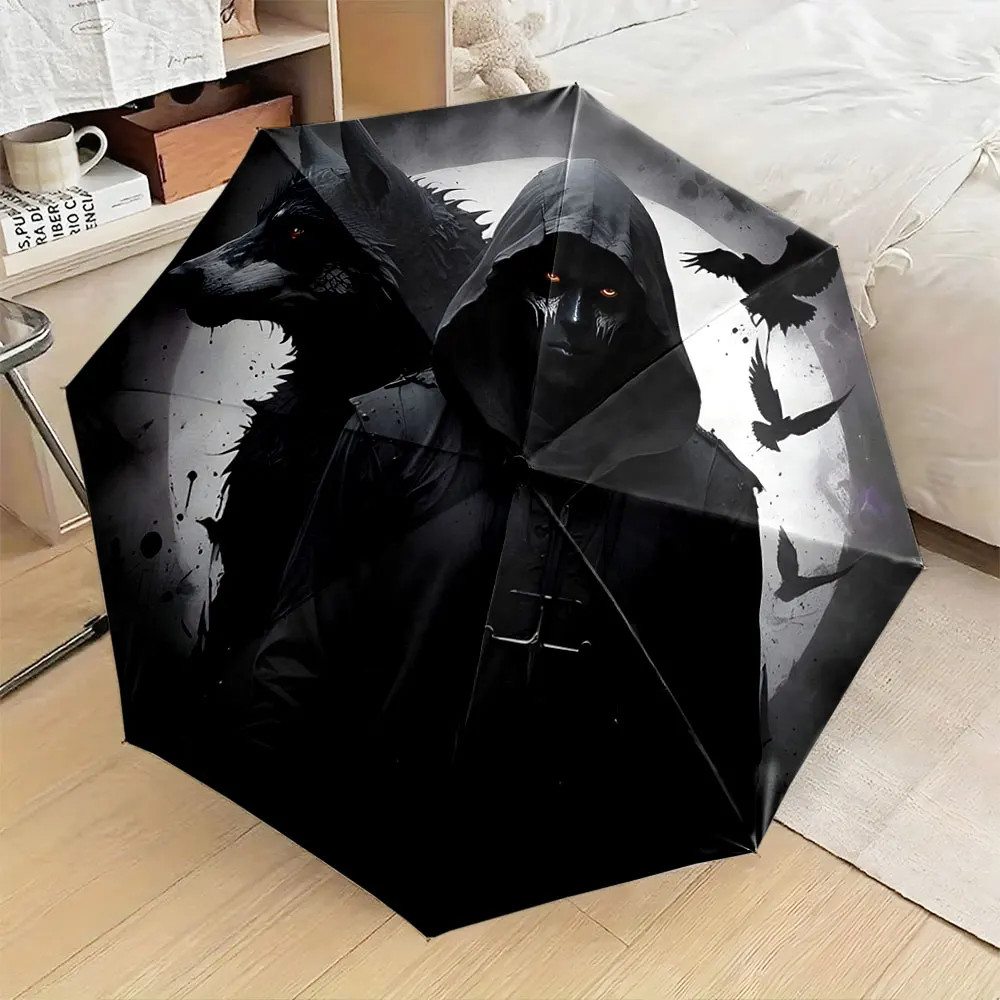 1PC Dark Hooded Figure and Wolf Design Umbrella Print 8 Iron Ribs Folding Umbrella Auto-Open Fashion Sunshade
