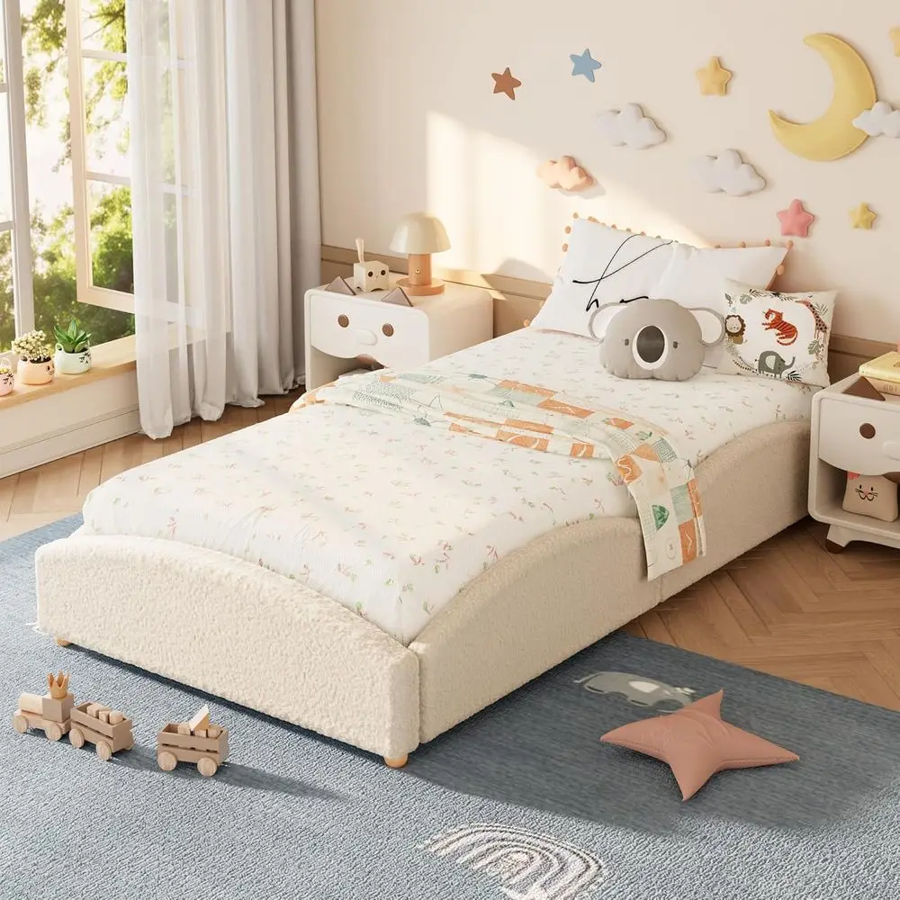 Twin-XL Size Upholstered loor ed or Kids, Teddy aric Sot Upholstered ed e with Cloud Shaped Guardrails, Low Proile Platorm ed wi