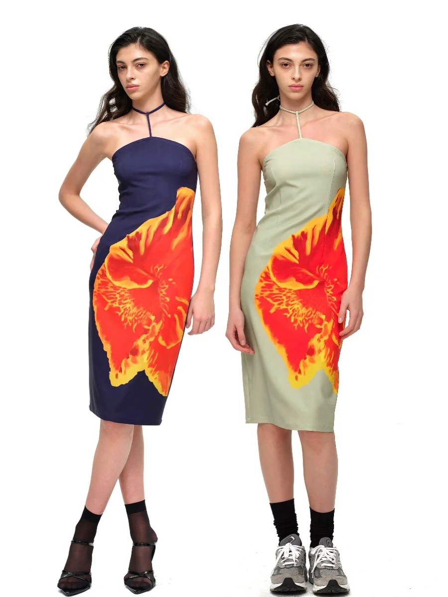 

Scarlet Sage Banana Flower Print Slim Fit Strap Dr Blue een Color Ins Sle Spring Autumn Women's Single Piece Dr