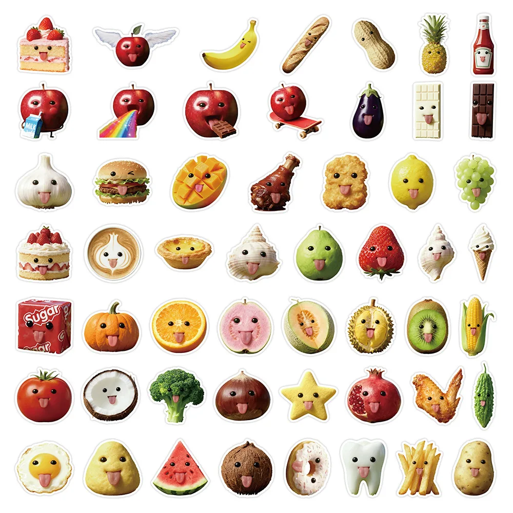 50-Pack Abstract Cartoon Fruit Food Stickers Funny Creative Decoration for Luggage Water Bottles Stationery Notebooks
