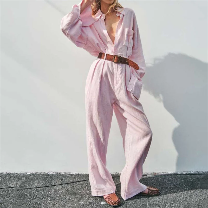 women's jumpsuit 2026 autumn new belt slim straight leg pants 100% linen bodysuit Single breasted women's shirt y2k casual pants