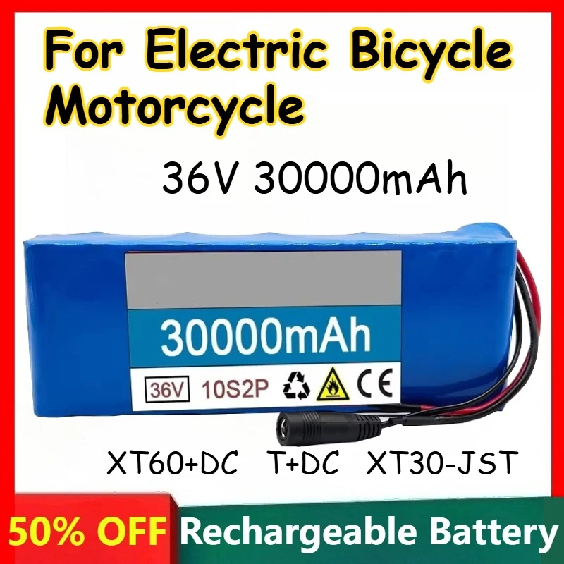 10S2P 36V 30000mAh 18650 Lithium-ion Battery for Electric Bicycle Motorcycle Rechargeable Batteries with XT60 T XT30-JST Plug