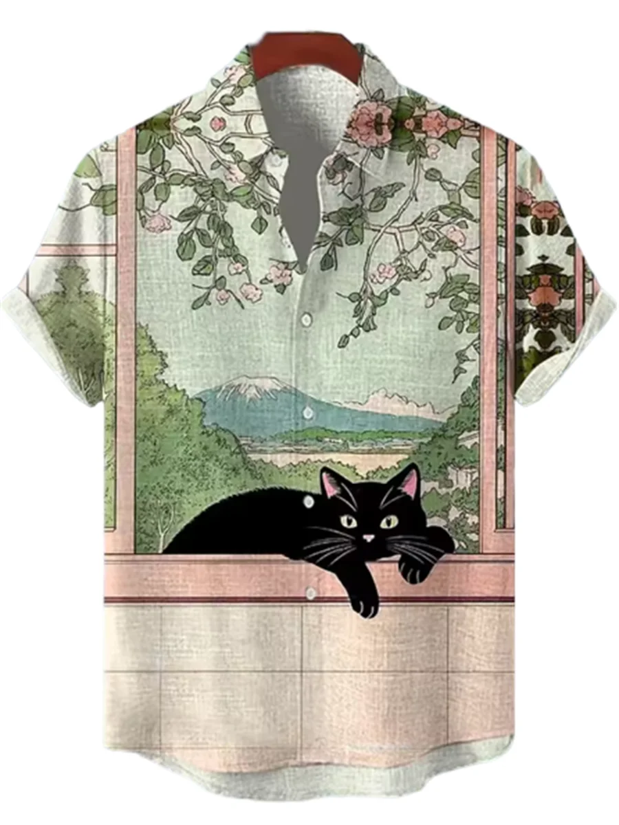 

Cat men's linen short sleeved shirt, digital printing, casual and comfortable, fashionable and trendy, street outdoor