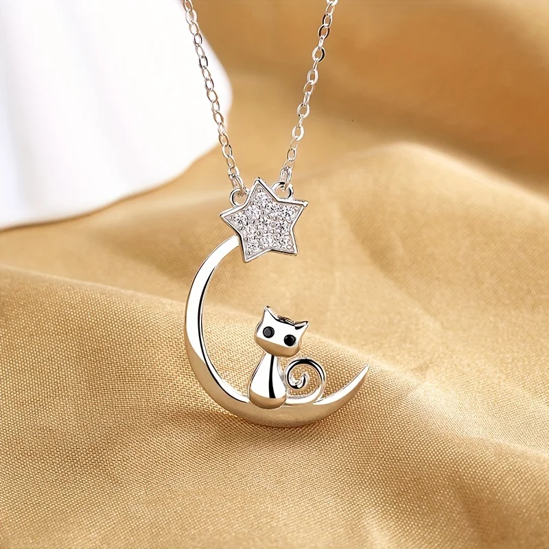 925 Sterling Silver Star Moon Necklace Cute Cat Zircon Pendant Necklace Collarbone Chain