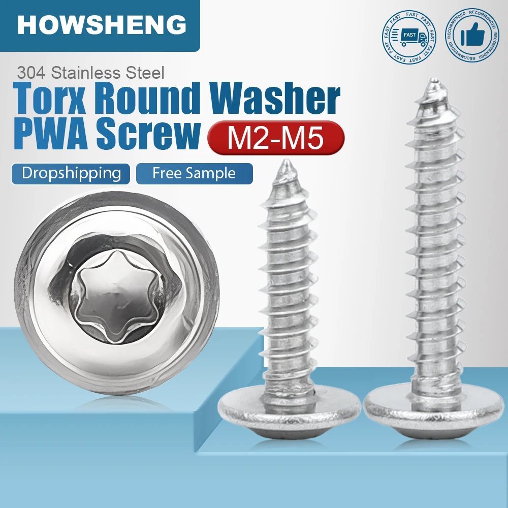 HOWSHENG Torx-Flachkopf mit Unterlegscheibe, selbstschneidende Schraube, M2, M3, M4, M5, Edelstahl, sechs Lappen-Blechschrauben