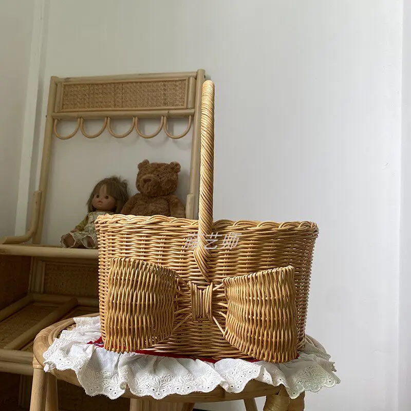 Vintage bow Indonesian real vine woven hand long fruit basket picnic vegetable pastoral picking vine basket