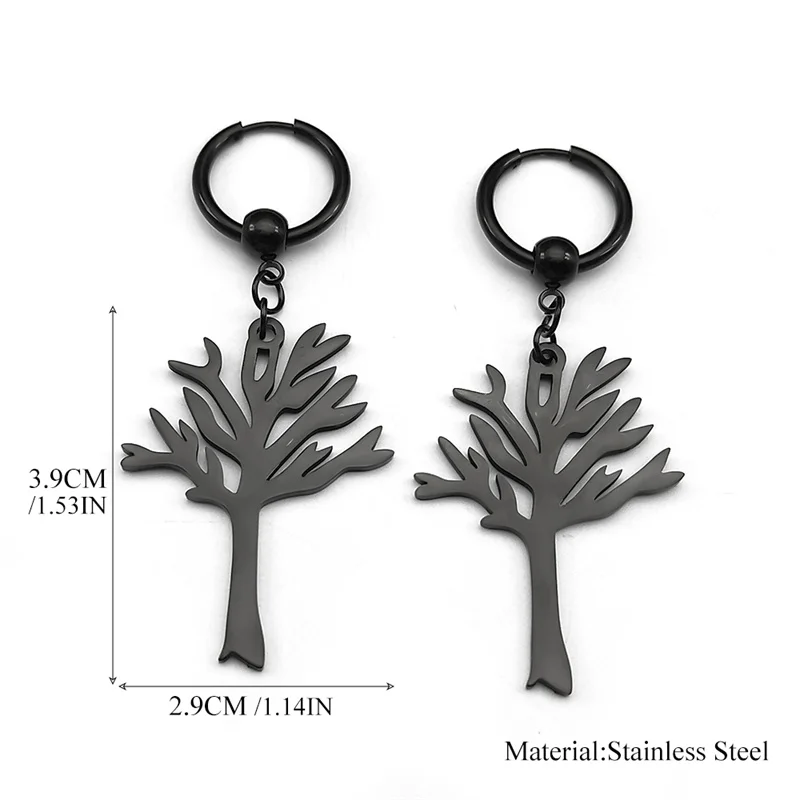 Stainless Steel Music Band Hip Hop Tree of Life Hoop Earrings for Women Silver Color Gothic Punk Earring Jewelry Gift E3404S06