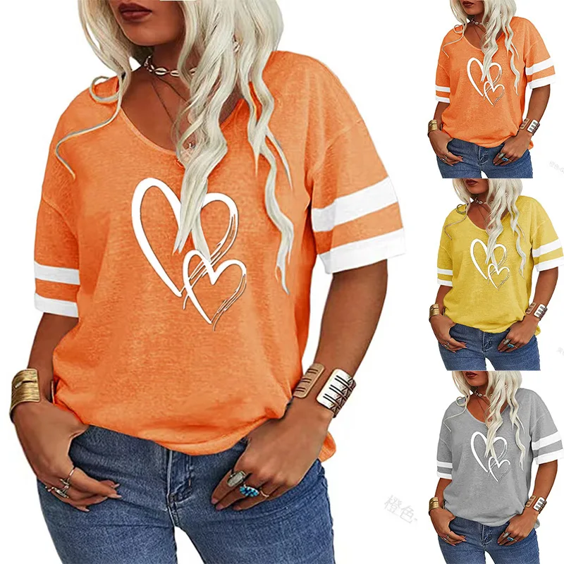 

2024 Europe and the United States women's V-neck loose casual cross love print colour blocking short sleeve T