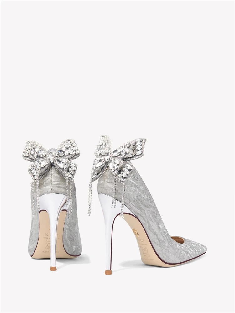 Thin high heels spring pointed shallow sequin rhinestone butterfly tassel wedding shoes banquet large size small size women shoe