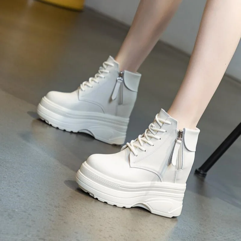 

Women 11CM White Ankle Boots Increase Height Thick Sole Winter Outdoor Leisure Shoes For Girls Spring Autumn Motorcycle Booties