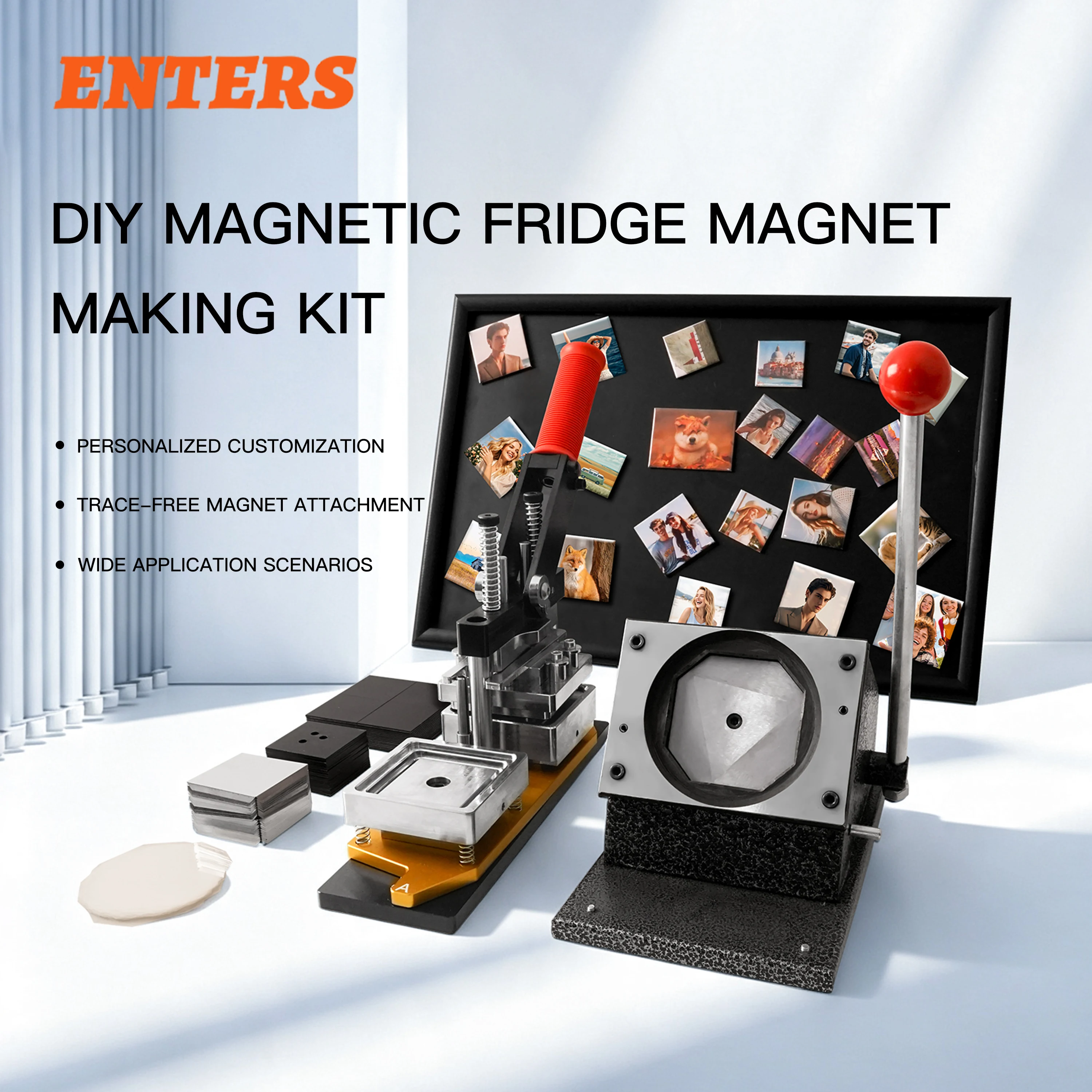 New Manual 2.5x2.5 Inch Steel & Plastic Square Photo Badge and Magnet Making Machine Kit with 100 Sets Magnet Materials