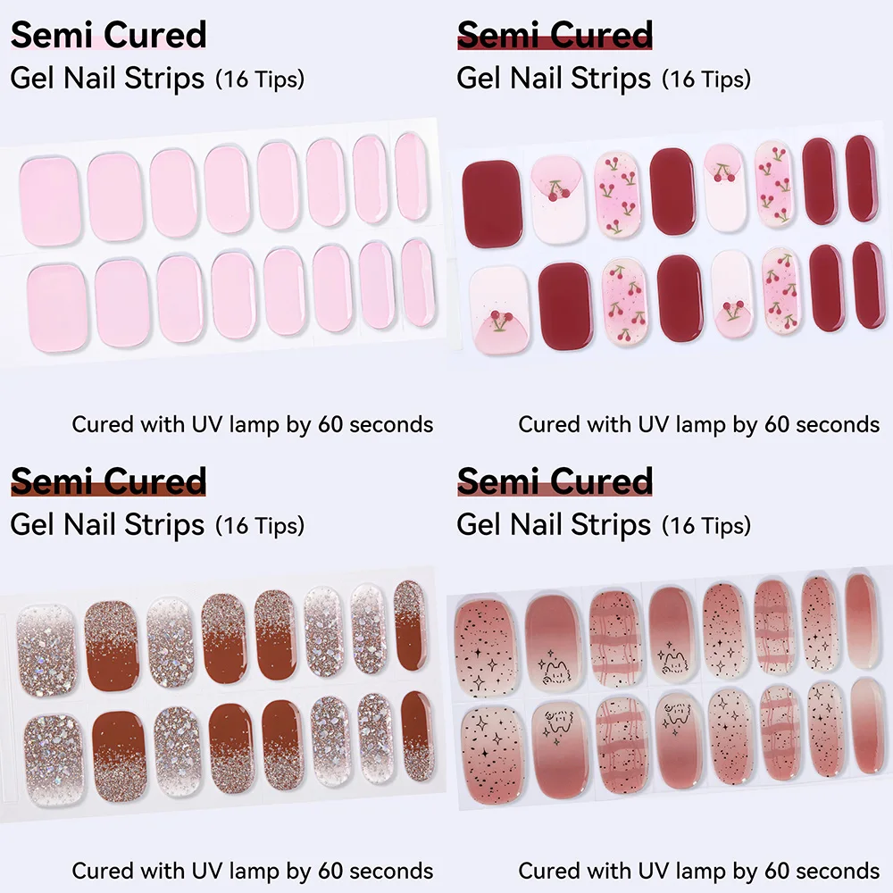 16Tips Solid Color Semi-cured Nail Stickers Cartoon Animal Nail Tips Long-Lasting Fine Glitter Full Cover Manicure Stickers