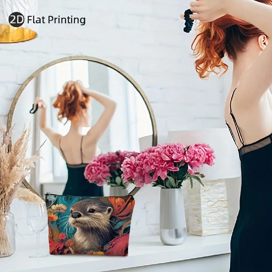 Kolorowa kosmetyczka w kwiaty i z motywem wydry - wielofunkcyjna saszetka na zamek błyskawiczny, etui na biżuterię, idealna podróżna mała torba do przechowywania na zamek błyskawiczny.