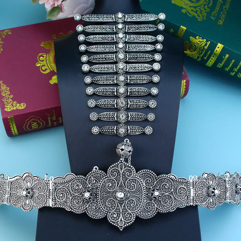 Sunspicems Chic Caucasus Bride Jewelry Set For Women Crystal Лезгинки Dress Belt Breastplate Set Antique Silver Color Turks Belt