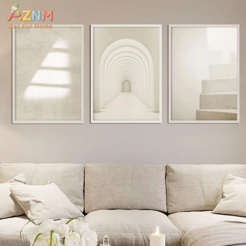 AZNM Minimal Neutral Beige Architecture Canvas Wall Art, Arch Tunnel Staircase Light Shadow Boho Aesthetic Home Living Room Bedr