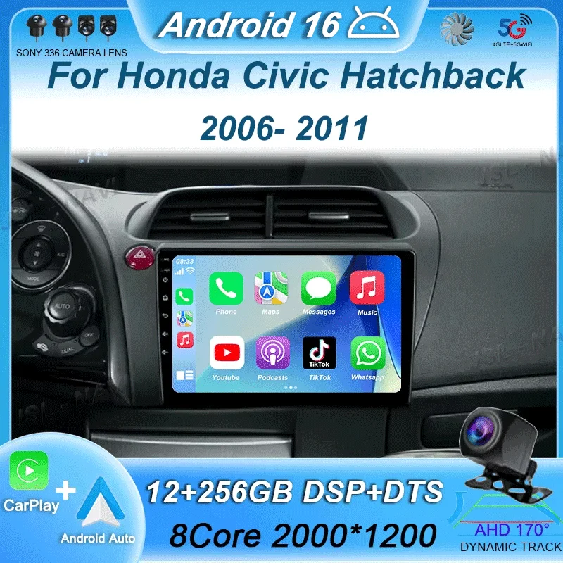 Android 16 Car radio Multimedia player Carplay Auto GPS navigation NO DVD For Honda Civic Hatchback 2006 2007 2008 - 2011 2DIN