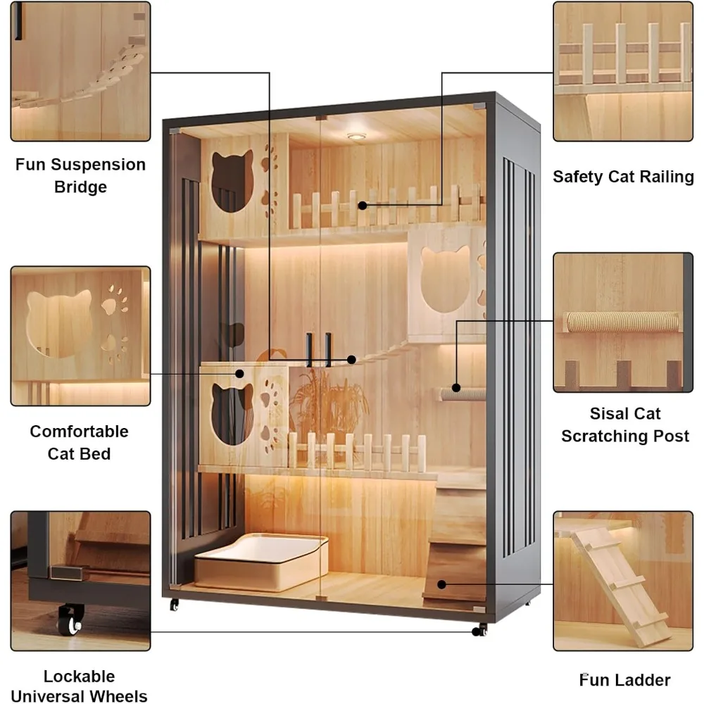 모던 캣 하우스 & 실내 빌라 - 잠금 가능한 바퀴와 강화 유리가 있는 초대형 목재 고양이 집 케이지, 멀티