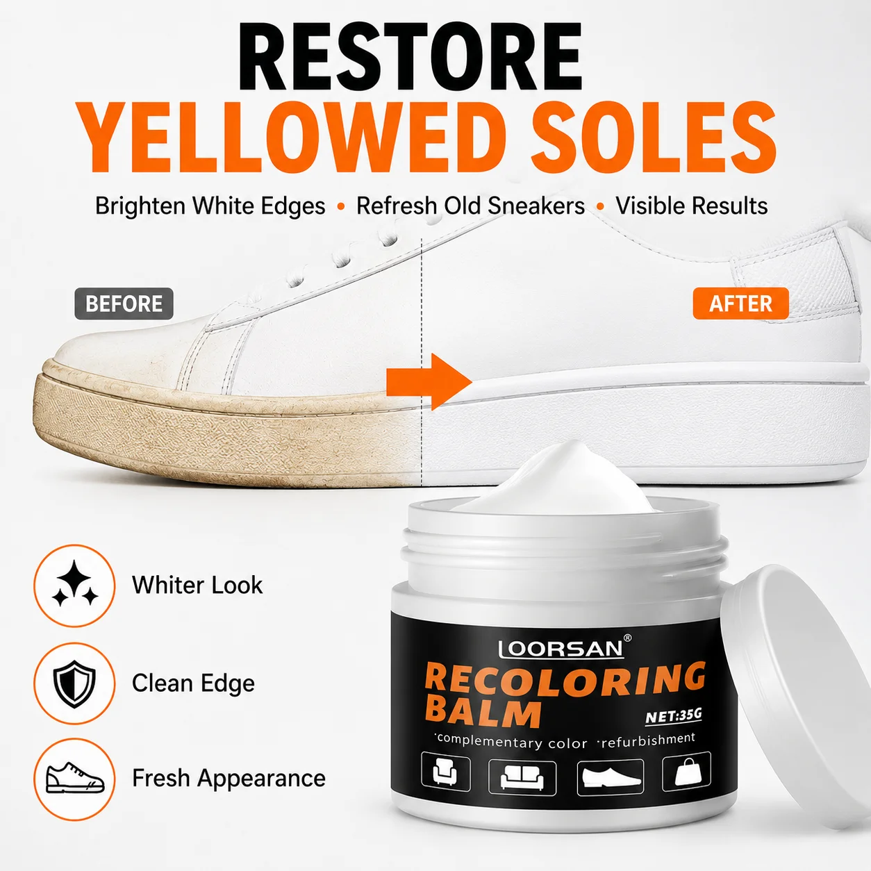 Loorsan White Shoe Recoloring Balm For Sneakers Bags Sofas 35g Smooth Cream Easy Apply Scuff Repair Restore Finish
