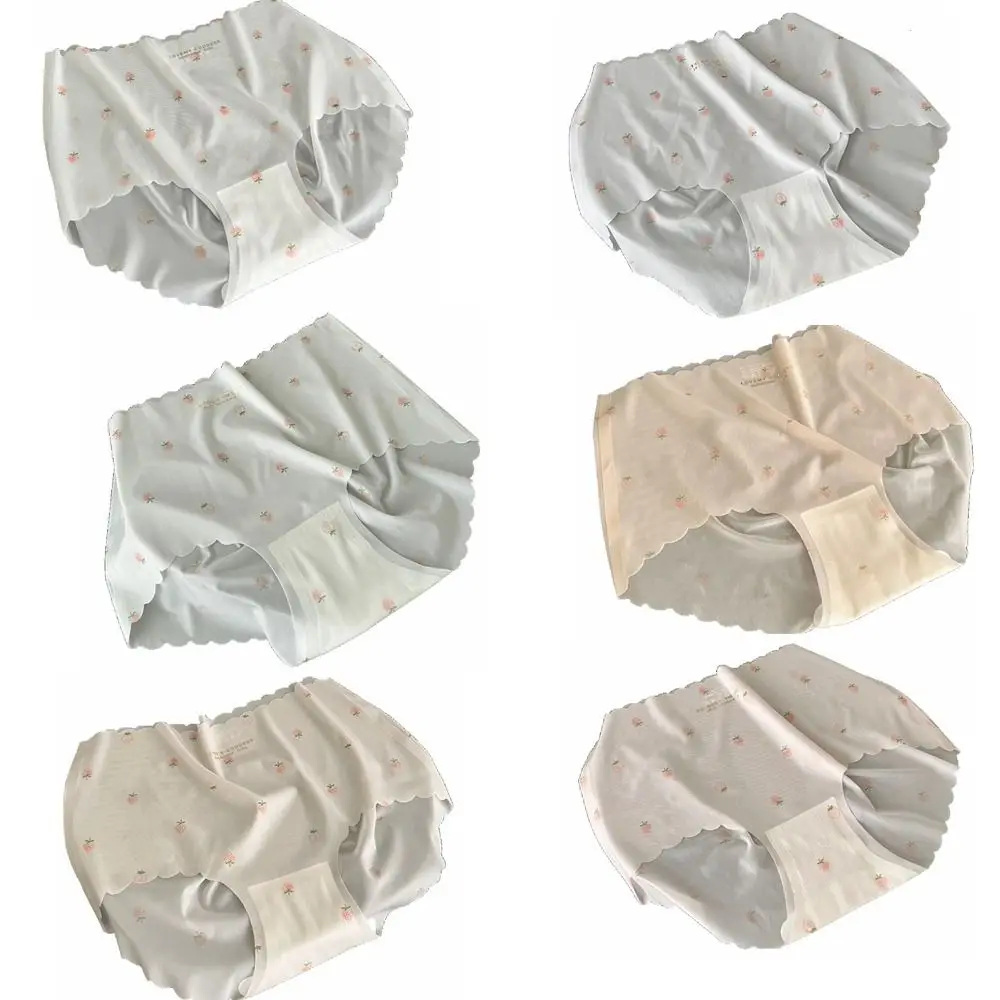 Strawberry Print Ice Silk Seamless Underwear Low-Waisted Quick-drying 3D Peach Hip Briefs Women Ultra-thin Traceless Panties