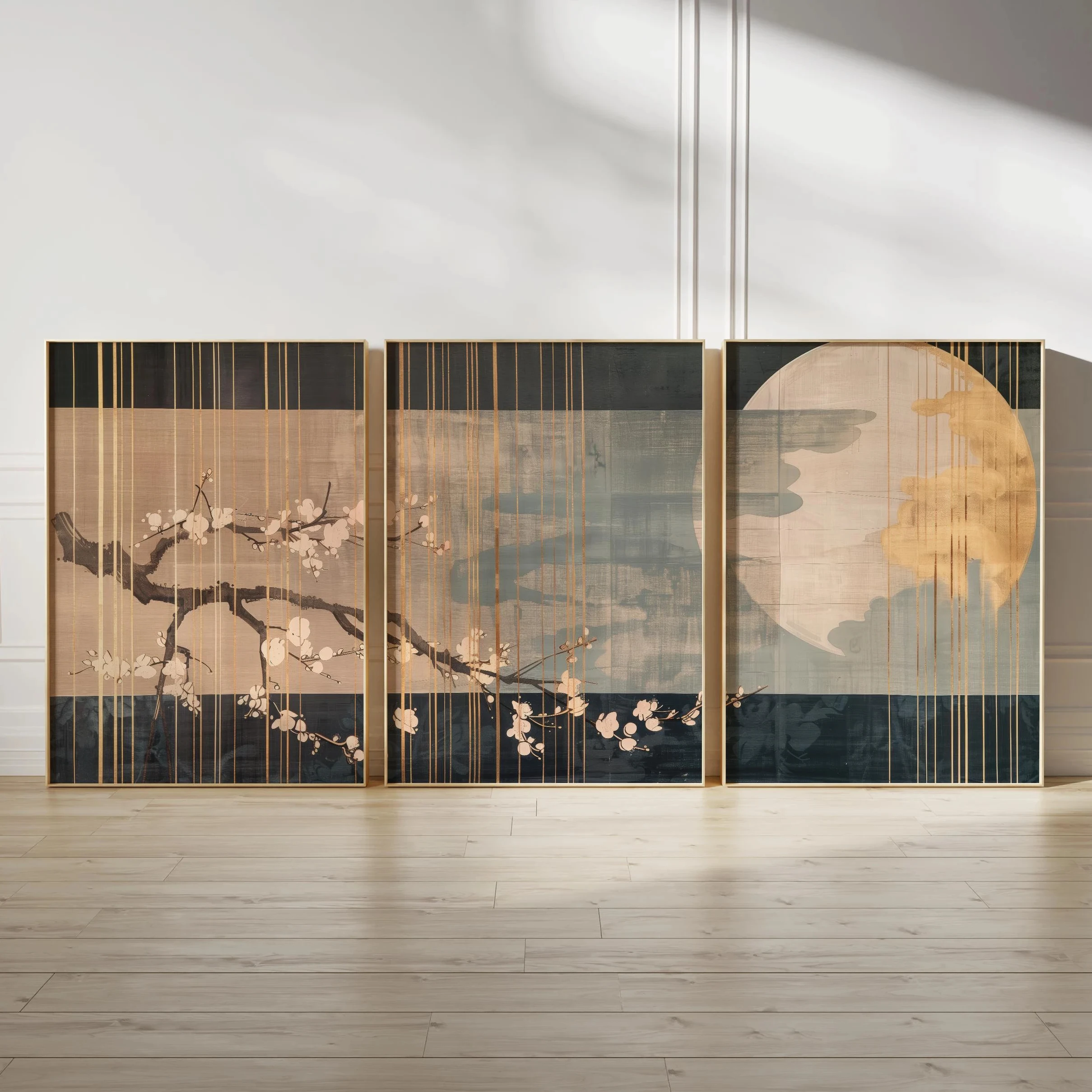 3Pcs Japandi Style Plum Blossom Moon Canvas Wall Art Vintage Oriental Floral Abstract Prints for Home Decor