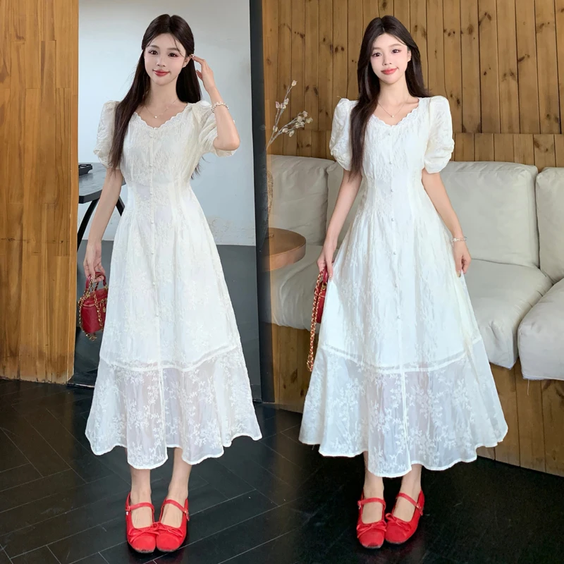 

plus Size Embroidered V-Neck Dress Elegant Gentle Fairy Atmosphere Summer Slimming Waist Long Skirt for Plump Women