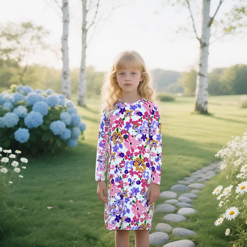 Vibrant Colorful Floral Print Long Sleeve Dress for Girls Cute Casual Kids' Dress Cross-Border Bestseller