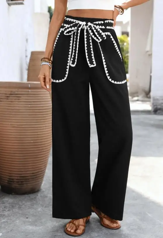 

Summer New French Style Fashionable Casual Contrasting Color Splicing Lace Up Waist Slimming Women's Straight Leg Pants
