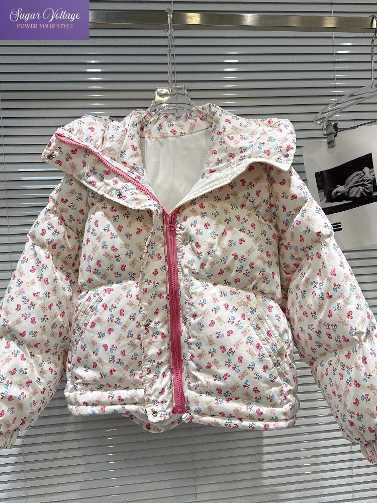 

Harajuku Sweet Cute Y2k Winter Puffer Jacket Women Loose Floral Print Hoodie Cotton Warm Coat Short Pink Zipper Casual Fashion