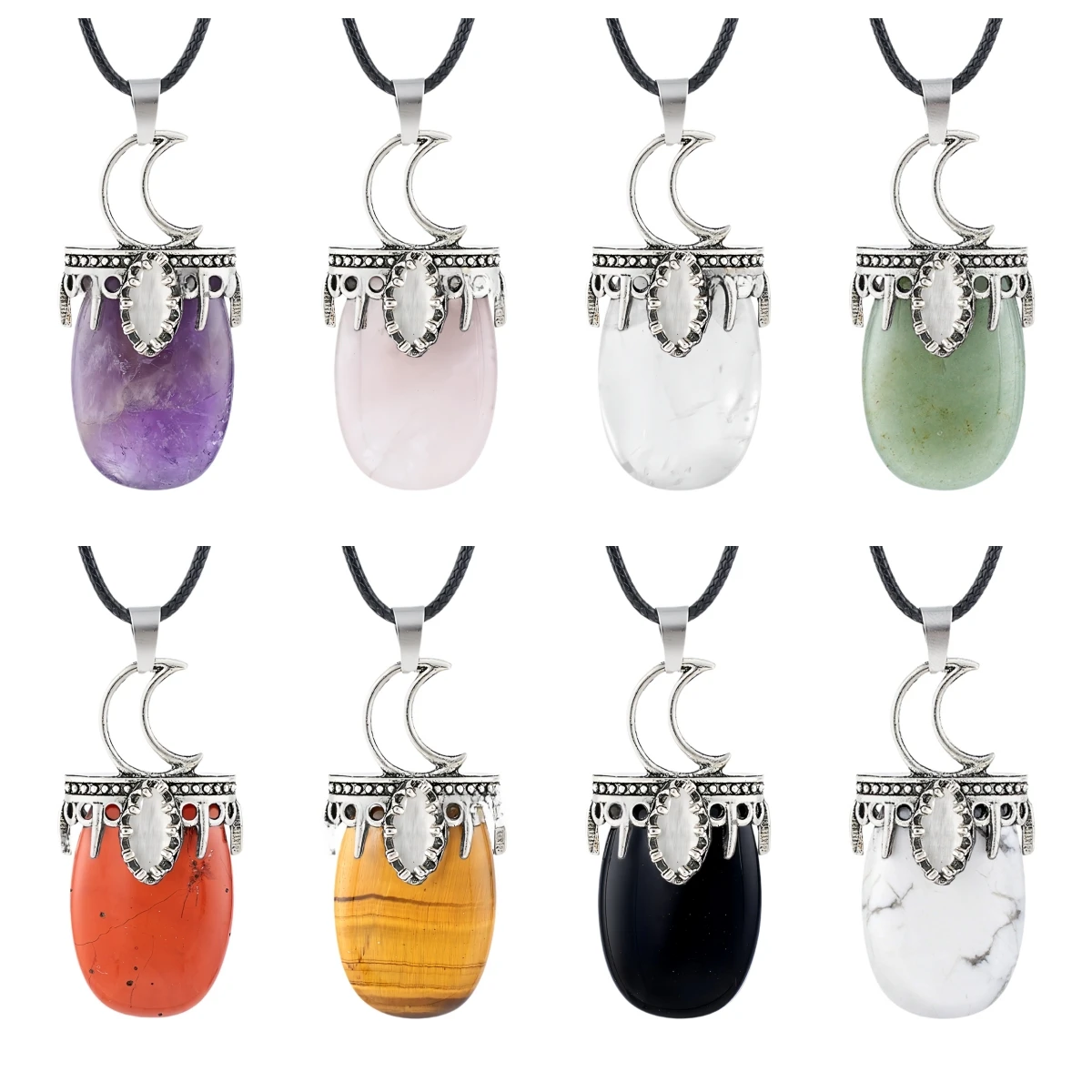 Crescent Moon Stone Pendant Necklace Silver Color Oval Gemstone Jewelry DIY Ready-to-Wear