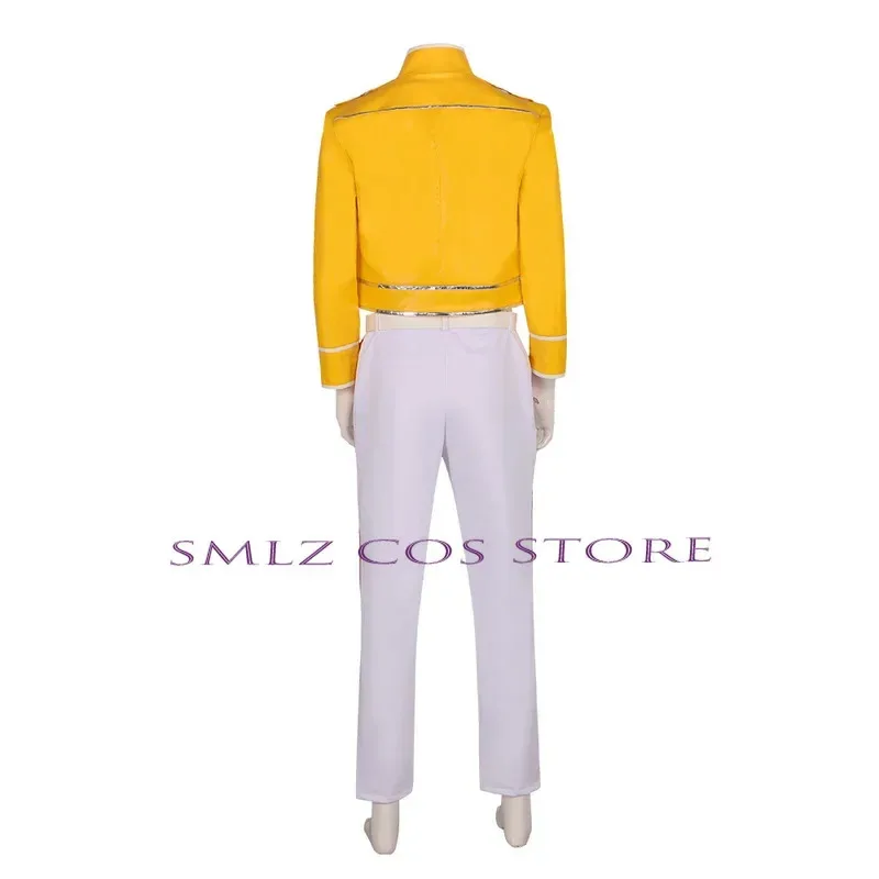 

Cos Freddie Mercury Cosplay Aniem Queen Lead Vocals Costume Yellow Coat Uniform Suit Halloween Party Performance Outfit for