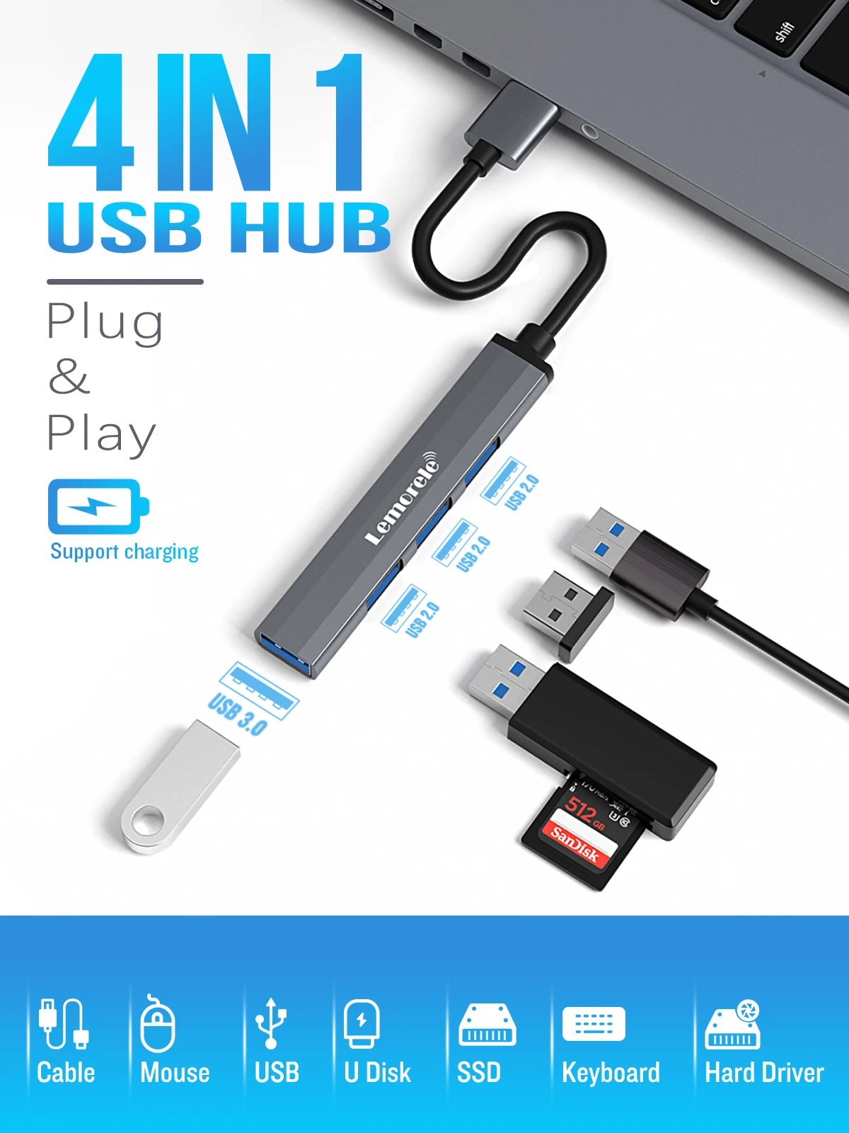 Lemorele USB Hub USB 3,0 otg 4 Port USB ein Hub Multi Splitter Adapter Laptop Zubehör für Xiaomi Lenovo MacBook Pro