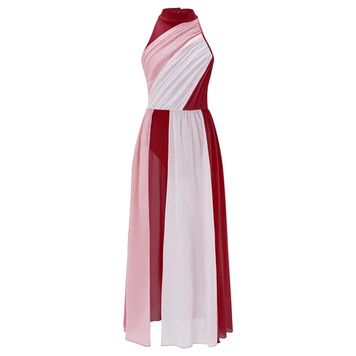 Imagen 2 del producto Vestido de baile lírico de Ballet para niña, leotardo de gimnasia dividido de malla con bloques de Color con falda, traje de baile contemporáneo para patinaje sobre hielo