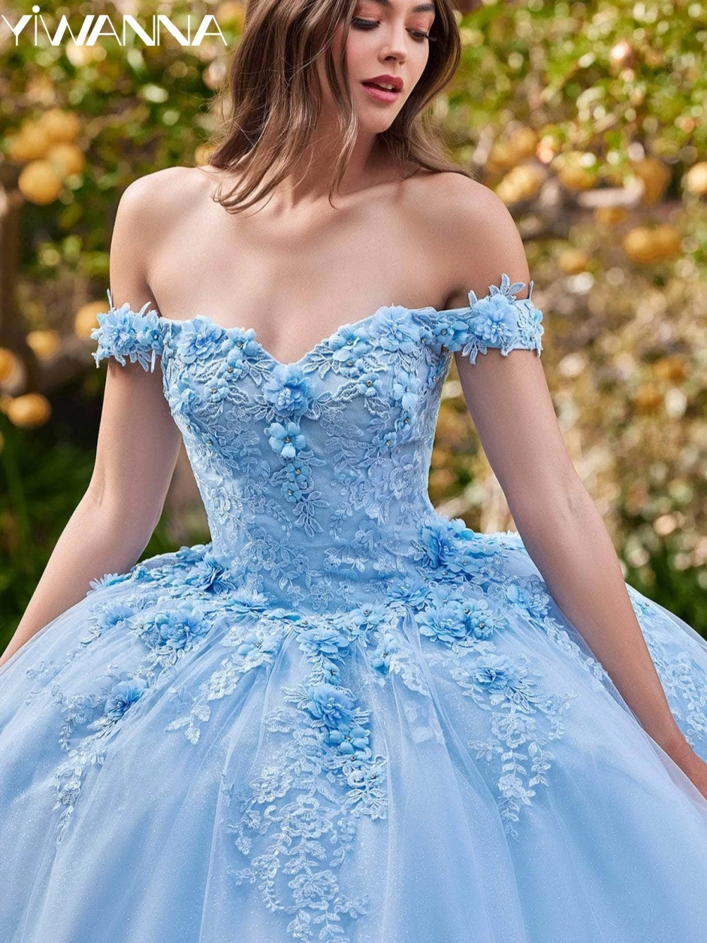 Vestido de fiesta Quinceanrra con escote corazón azul cielo, apliques de flores 3D brillantes, vestido de princesa personalizado exquisito dulce 16