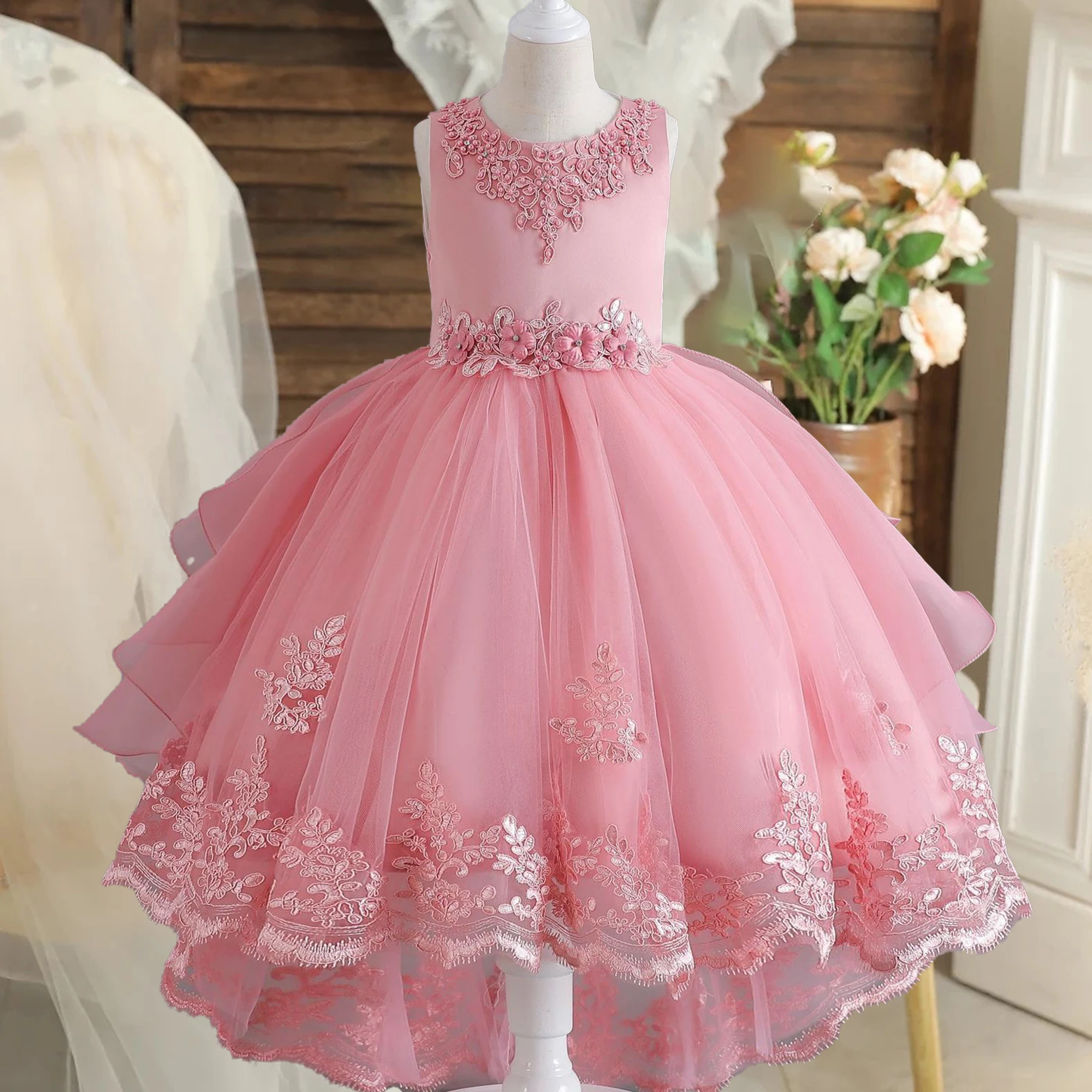 

Elegant Trailing Flower Dress for Girls Embroidery Wedding Party Dresses for Kids Bow Birthday Evening Princess Children Costume