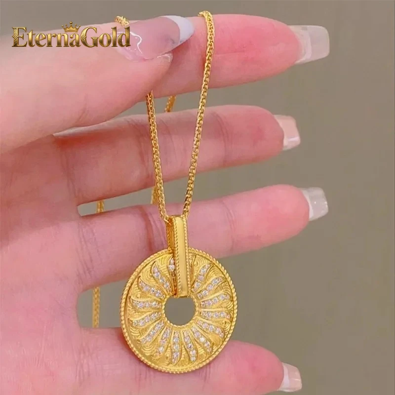 

EternaGold Luxury fashion 9999 24K real gold sun wheel necklace noble sweater chain diamond pendant niche high-end feeling