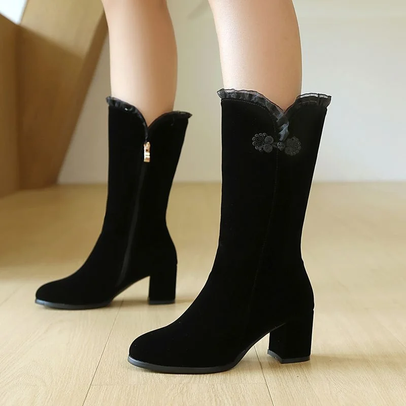 

ORCHALISA Women's Mid Calf Flock Suede Boots Round Toe 5cm Block Heel Zipper Bowknot Plus Size 41-43 Wedding Dress Shoes