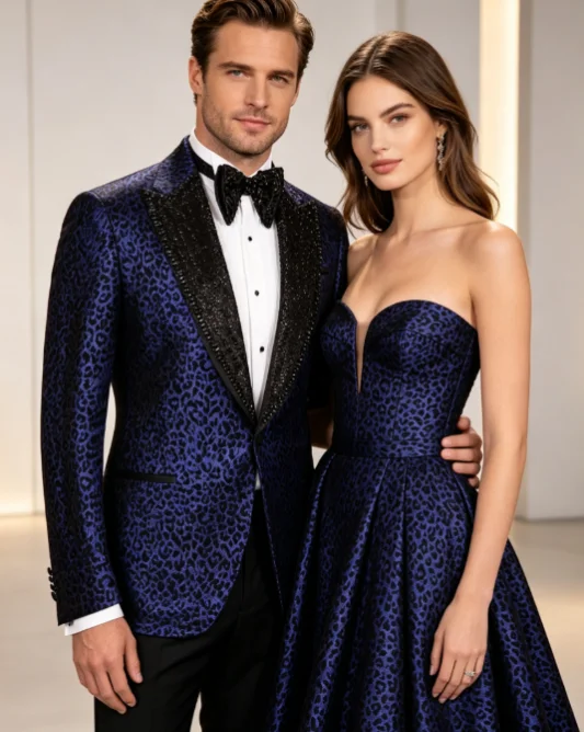 Classic Blue Leopard Print Luxuly Men Suits Slim Fit Beadwork Peak Lapel Groom Wedding Tuxedos 3 Pieces Sets Male Prom Blazers